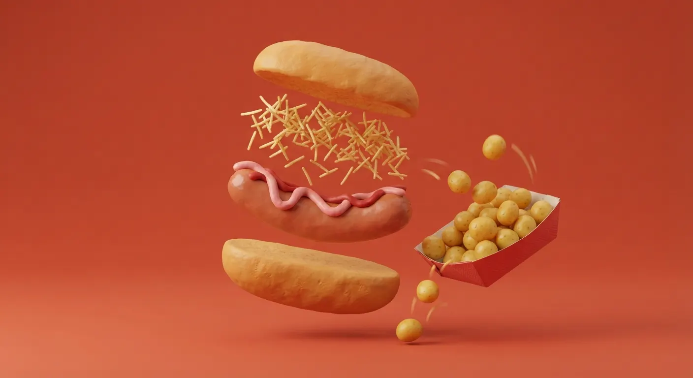 Perrito caliente armándose en el aire: pan, salchicha con salsa rosada y roja, ripio, y una canoa de la que saltan papas criollas